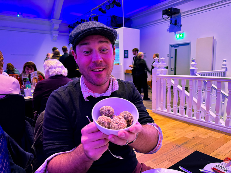 David Stock trying haggis in Edinburgh, Scotland