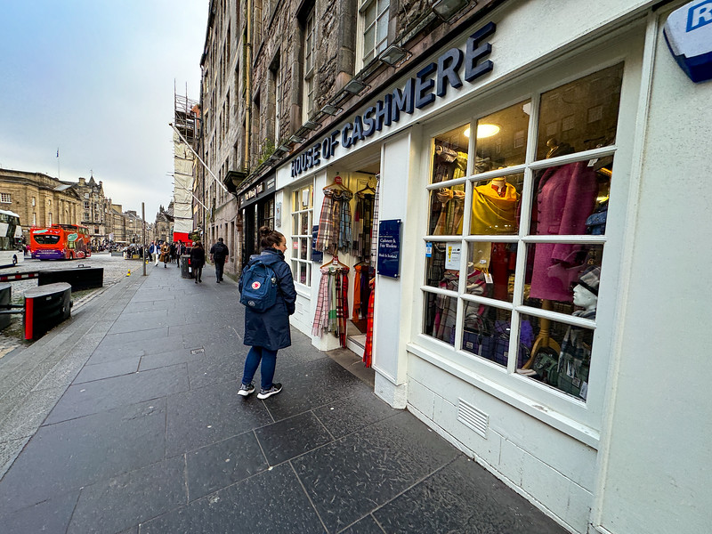 Lina Stock looking at cashmere shops on the Royal Mile in Edinburgh, Scotland