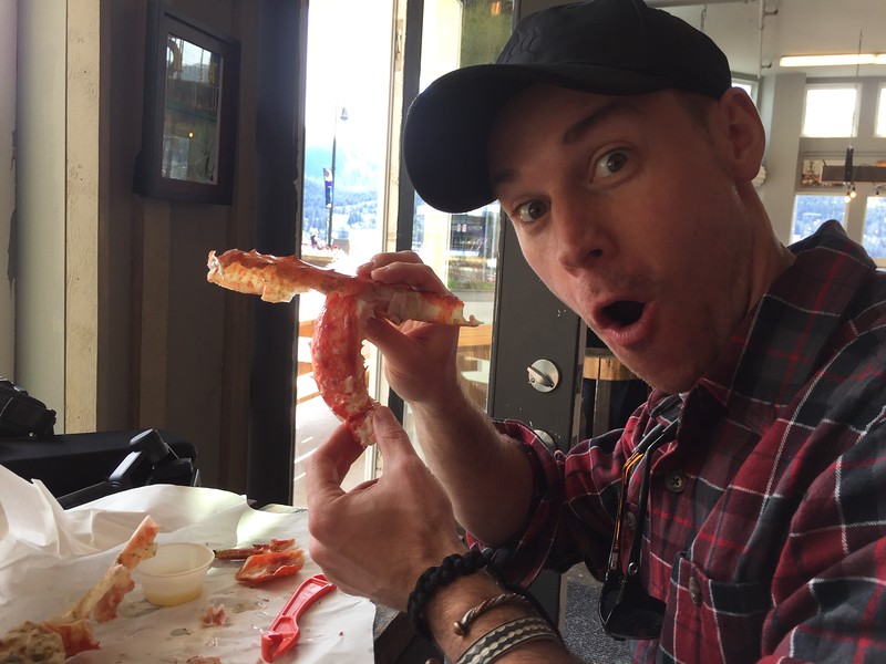David Stock eating King Crab at Tracy's Crab Shack in Juneau, Alaska