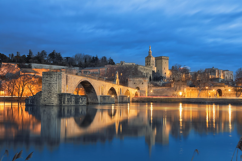 Avignon, France at dusk from the Rhone River