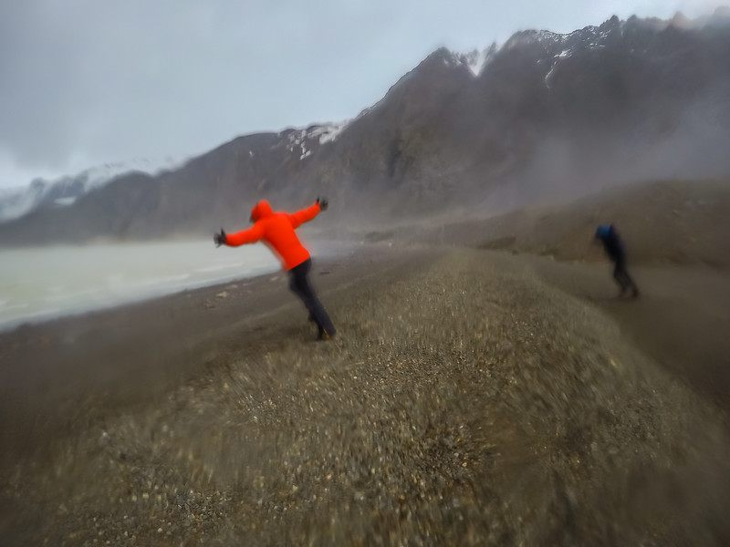 Hiker in Patagonia during high winds