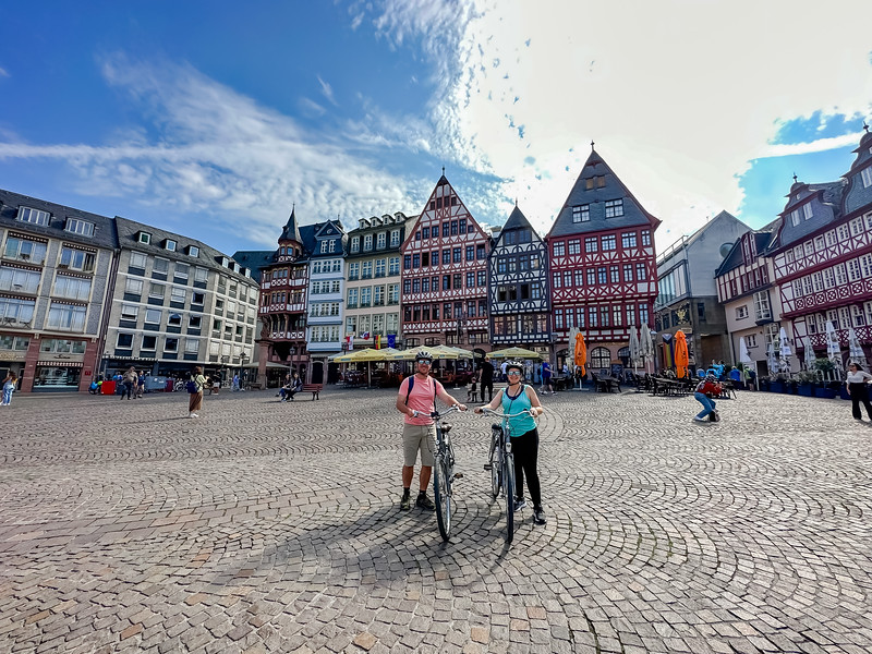 Lina and David Stock on a bike tour in Frankfurt while on a river cruise in Europe