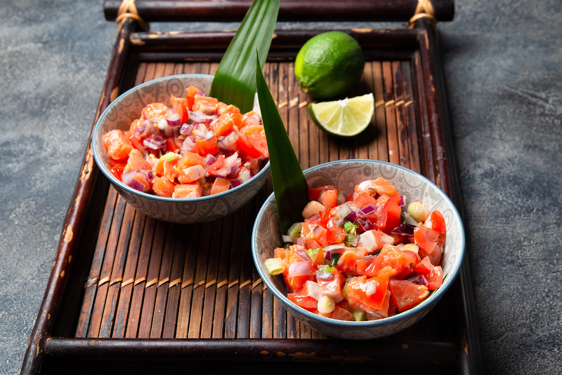 Maui Local Hawaiian food Salmon Lomi Lomi. Salmon with tomatoes, onion and lemon.