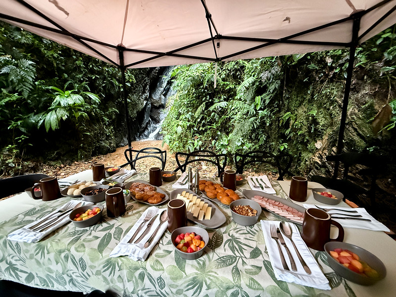 Mashpi Lodge waterfall breakfast spread, Ecuador