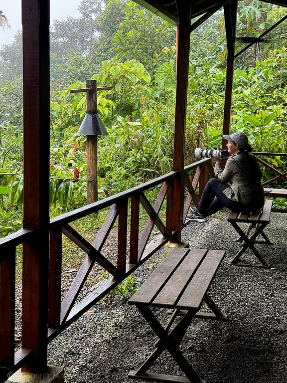 Lina Stock photographing hummingbirds at Mashpi Lodge, Ecuador
