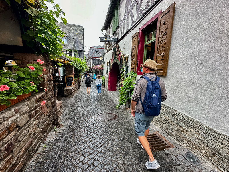 David Stock walking the streets of Rudesheim, Germany during a European river cruise