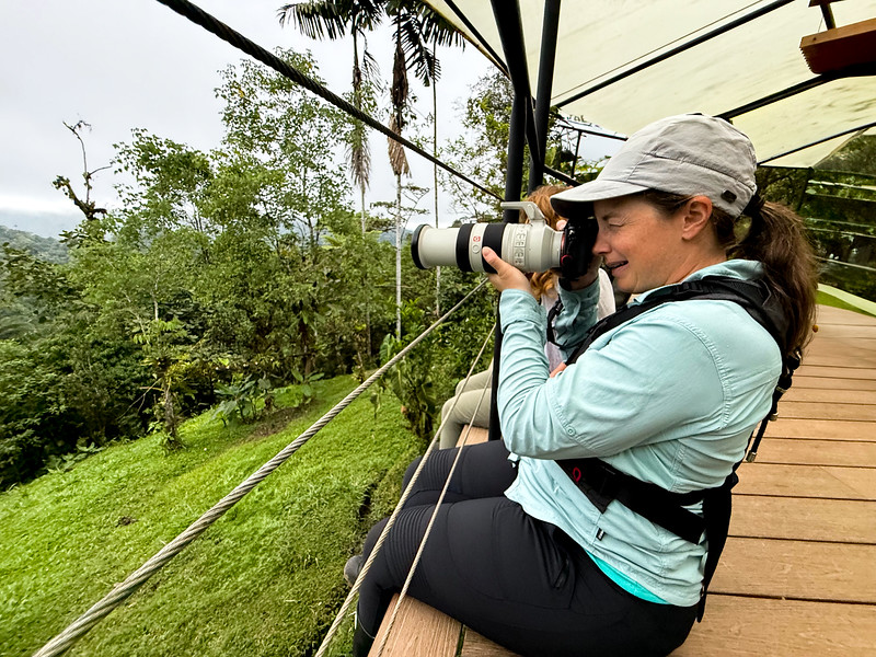 Lina Stock photographing birds at Mashpi Lodge, Ecuador