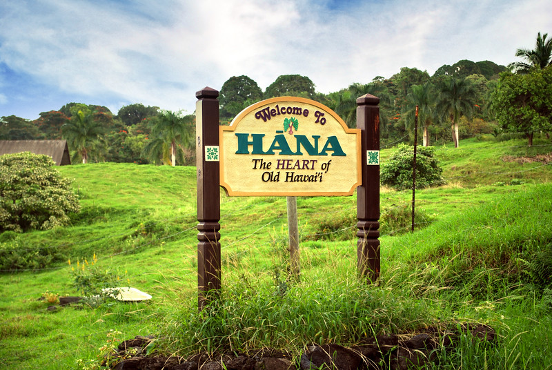 Sign welcoming visitors to the historic town of Hana